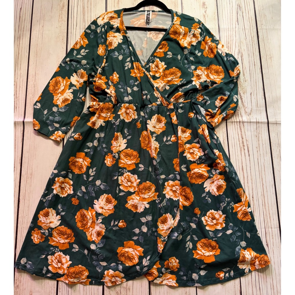 Glitzy Girlz Floral Faux Wrap Dress Green Orange Rose Long Sleeve Knee Length 4X